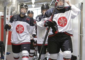 MALMO, SWEDEN - MARCH 29:  Team Japan walks out for warmup before taking on Team Germany during preliminary round action at the 2015 IIHF Ice Hockey Women's World Championship. (Photo by Francois Laplante/HHOF-IIHF Images)