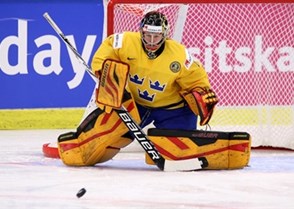 MALMO, SWEDEN - APRIL 1: Sweden's Sara Grahn #1 goes down to play the puck during quarterfinal round action against Russia at the 2015 IIHF Ice Hockey Women's World Championship. (Photo by Andre Ringuette/HHOF-IIHF Images)

