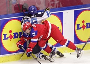 MALMO, SWEDEN - APRIL 4:  Russia's Nina Pirogova #13 collides with Finland's Emma Nuutinen #96 along the boards during bronze medal game action at the 2015 IIHF Ice Hockey Women's World Championship. (Photo by Francois Laplante/HHOF-IIHF Images)

